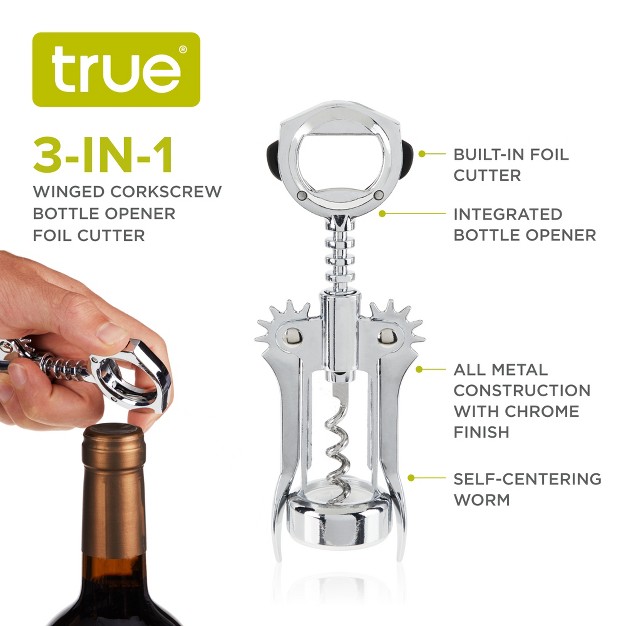 True Foil Cutting Winged Corkscrew With Built in Foil Cutter And Bottle Opener Metal Wine Key Self Centering Worm Silver Set Of 1