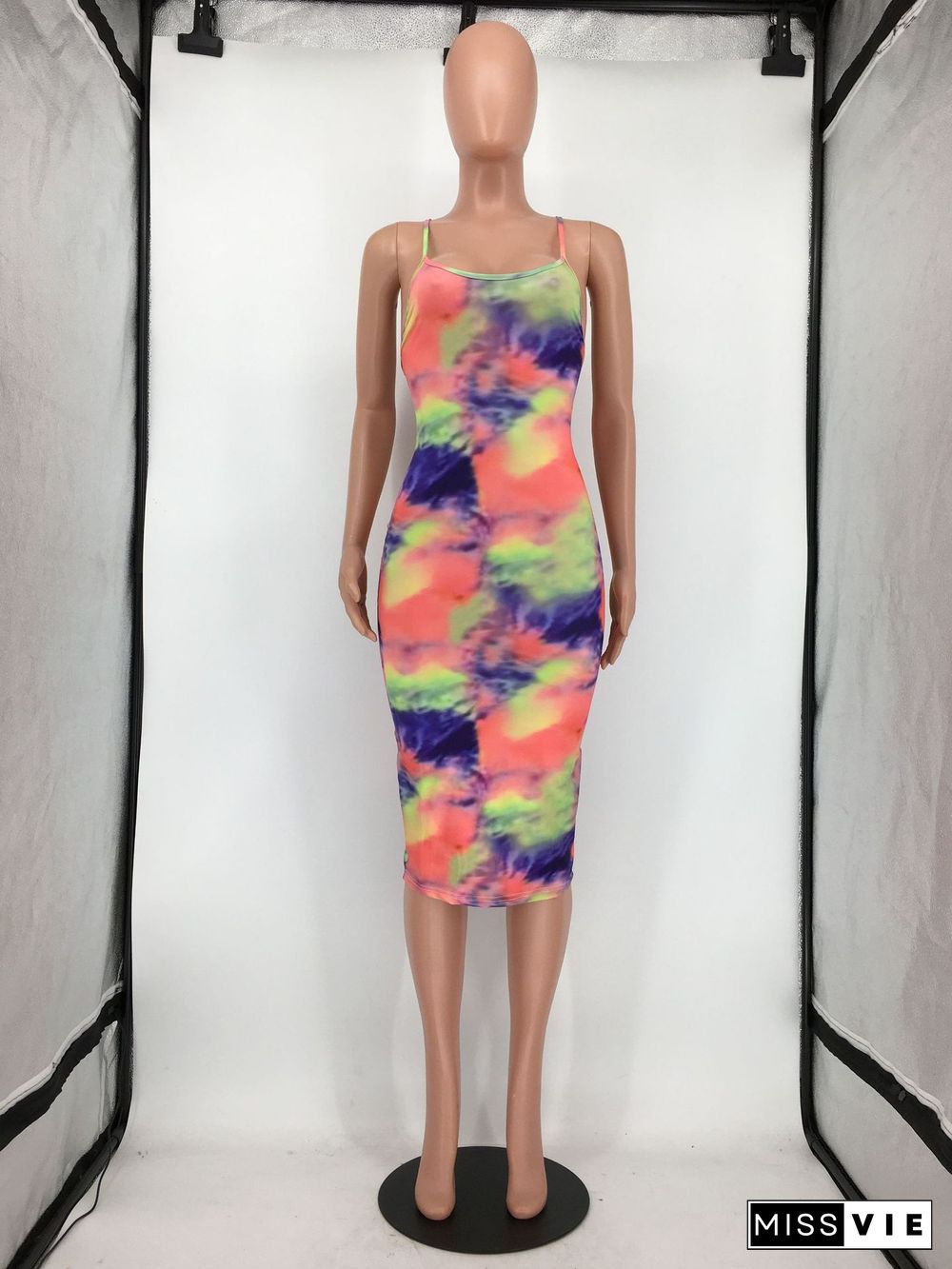 Tie Dye Print Spaghetti Strap Backless Bodycon Dress