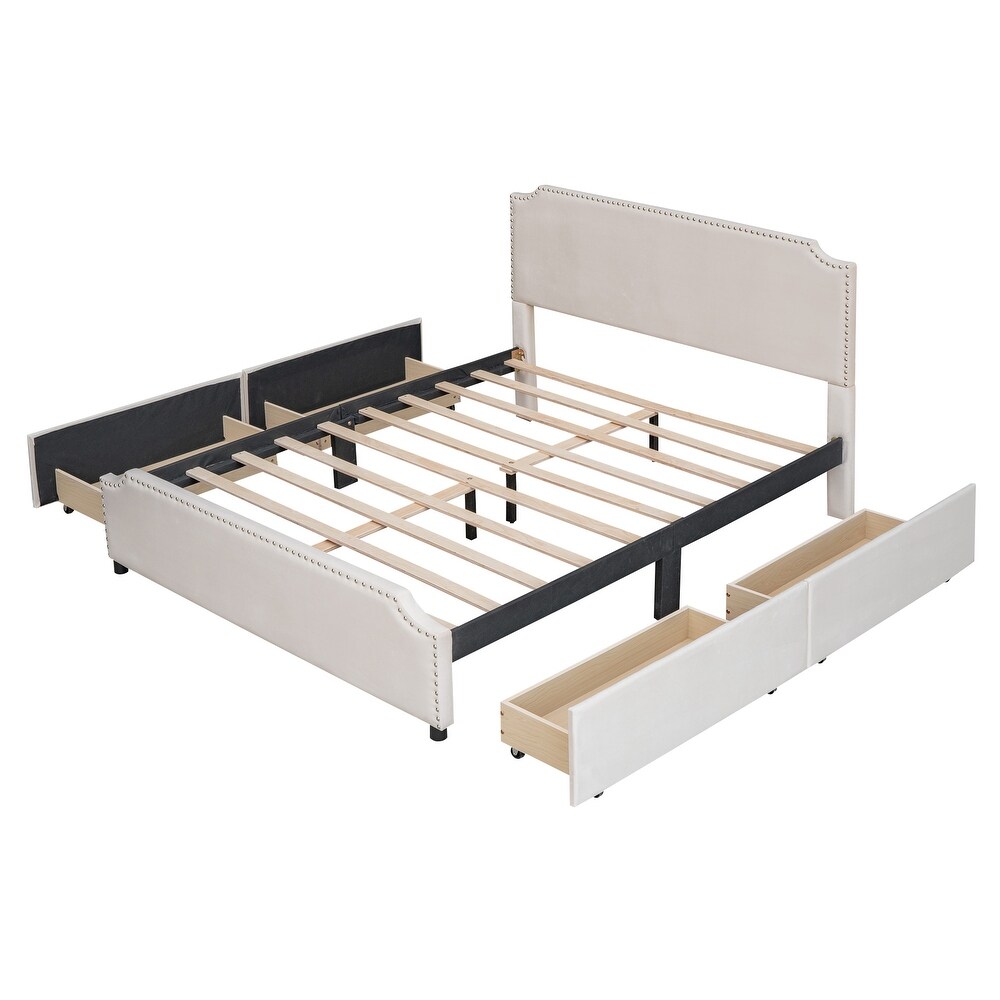 Velvet Queen Bed with 4 Drawers  Deluxe Upholstered Platform Bed w/Stud Trim Headboard   Footboard  No Box Spring Needed  Beige