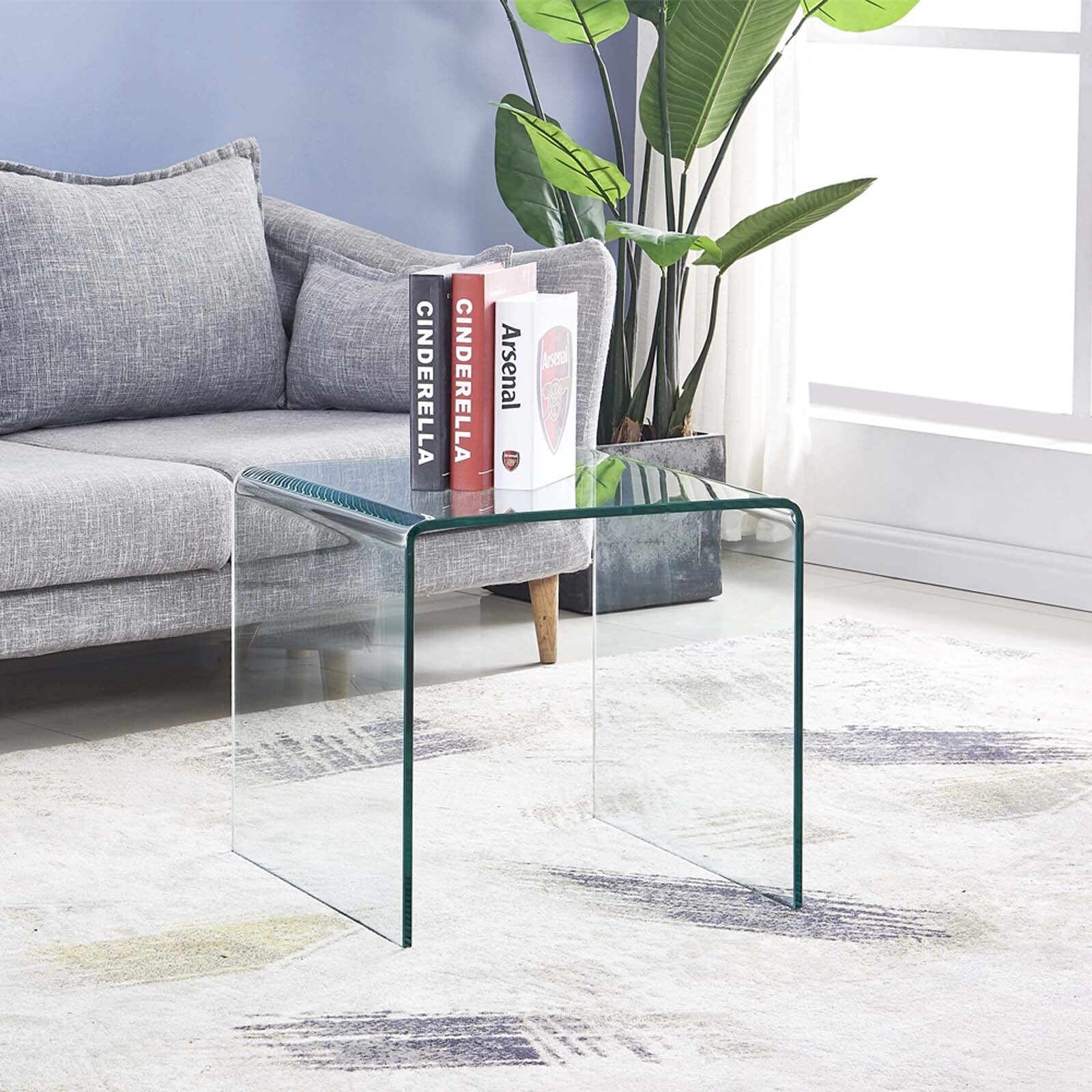 WEIKABU Modern Clear Glass End Side Table U-Shaped Tempered Glass Coffee Table for Living Room Bedroom