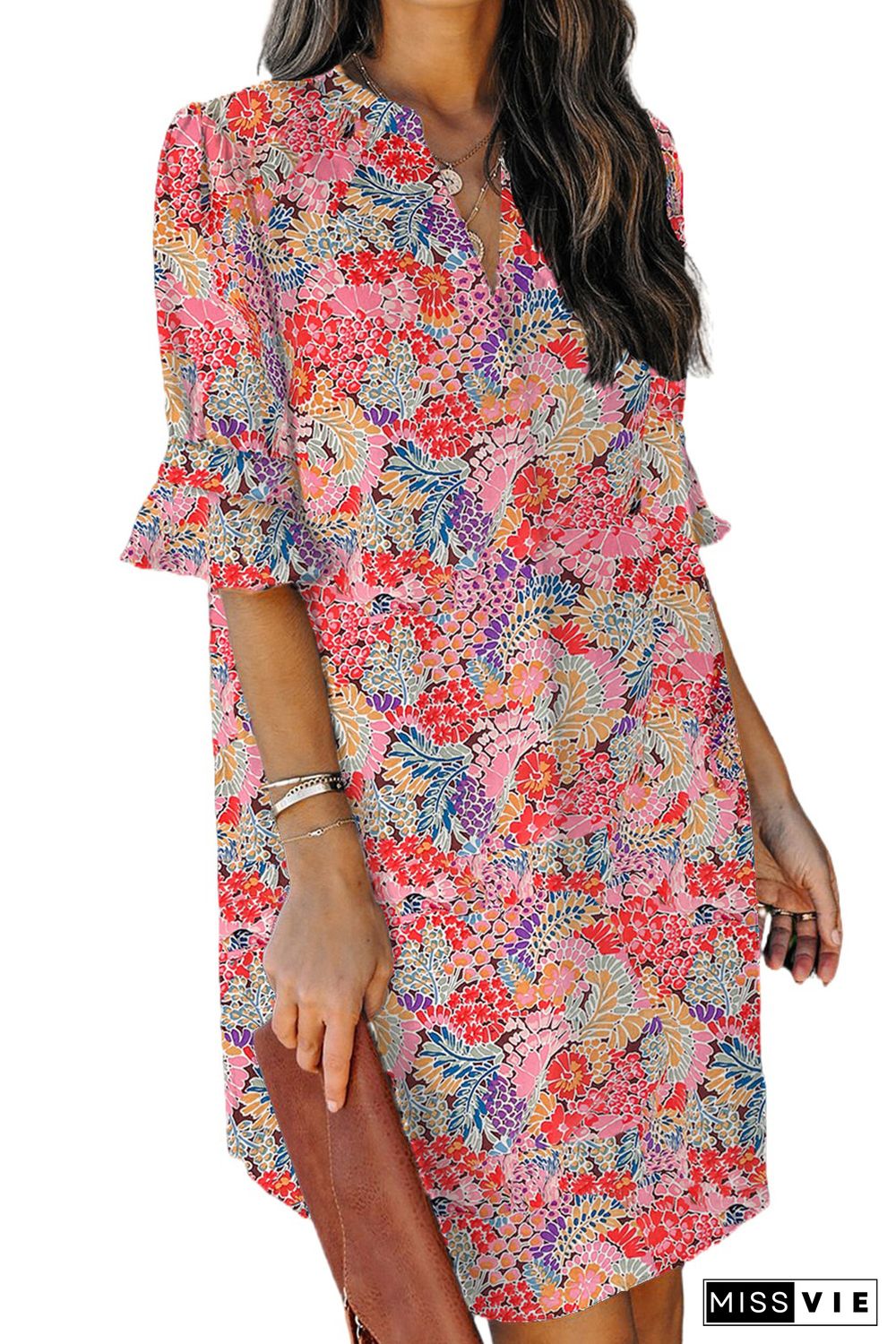 Multicolor Boho Floral Printed Flutter Sleeve Dress