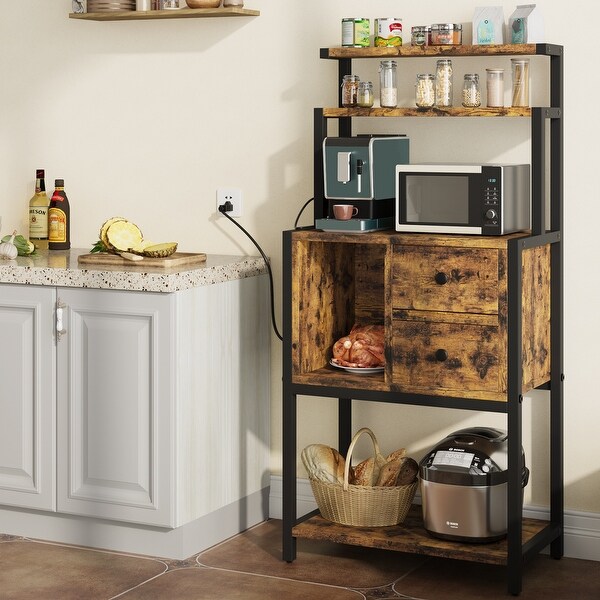 Bakers Rack with Power Outlet， Coffee Bar Table， Kitchen Sideboard Buffet Cabinet with 2 Drawer