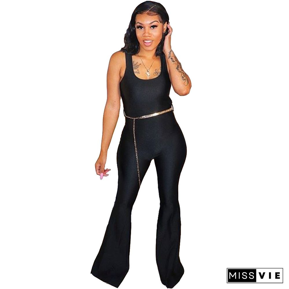 Solid Color Sleeveless O-Neck High Waist Flare Jumpsuits