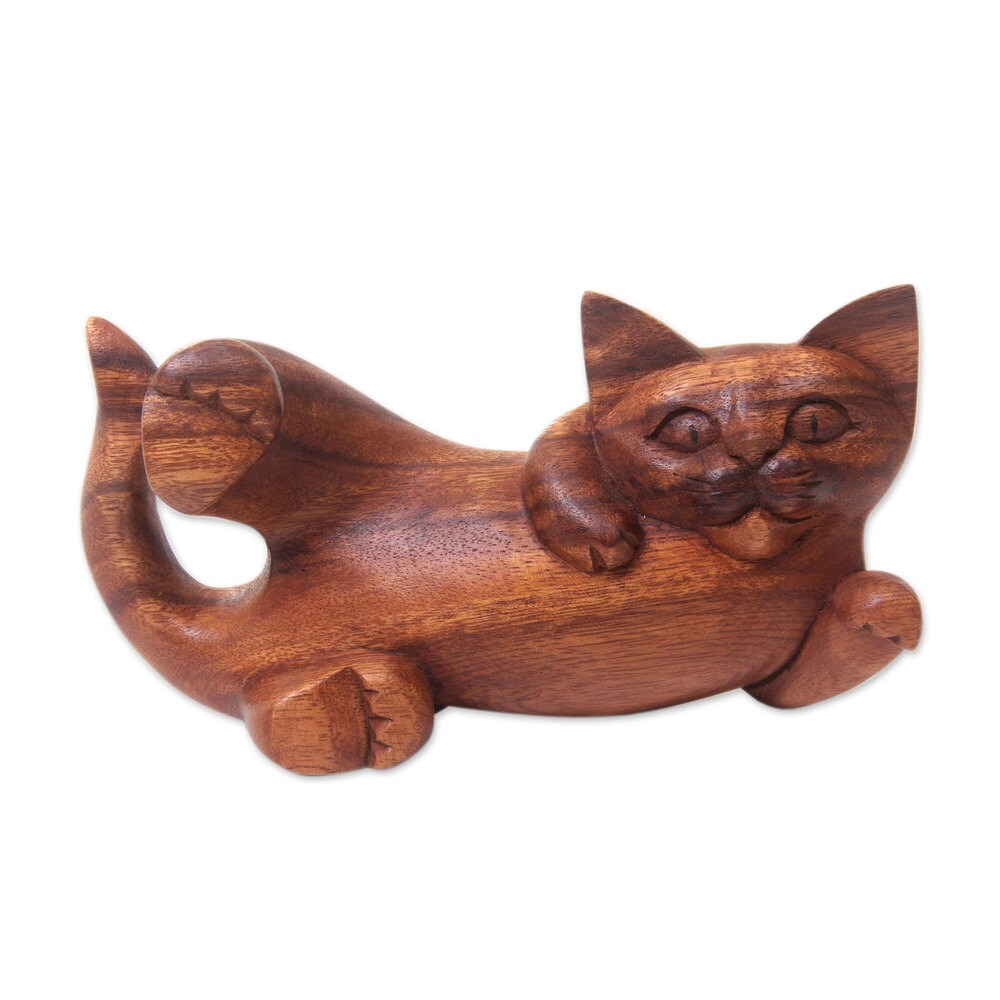 Handcrafted Suar Wood 'Naughty Kitty' Sculpture (Indonesia)   4.3\