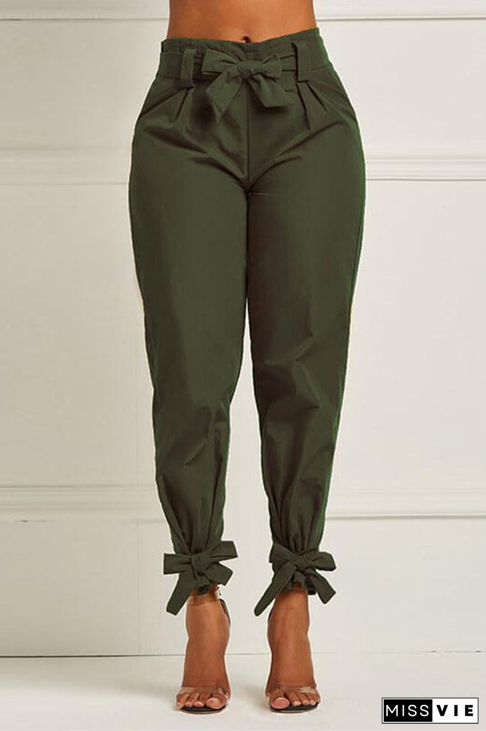 gingerish Elastic Fly High Solid Bow-knot Asymmetrical pencil Pants