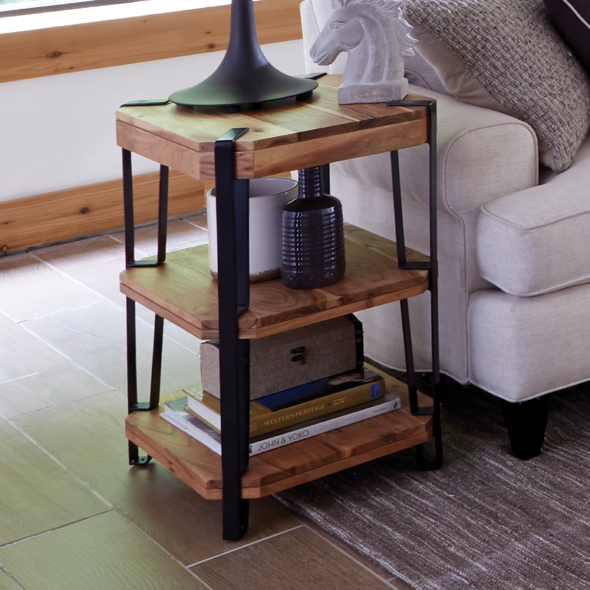 Ryegate Natural Live Edge Solid Wood with Metal 2 Shelf End Table