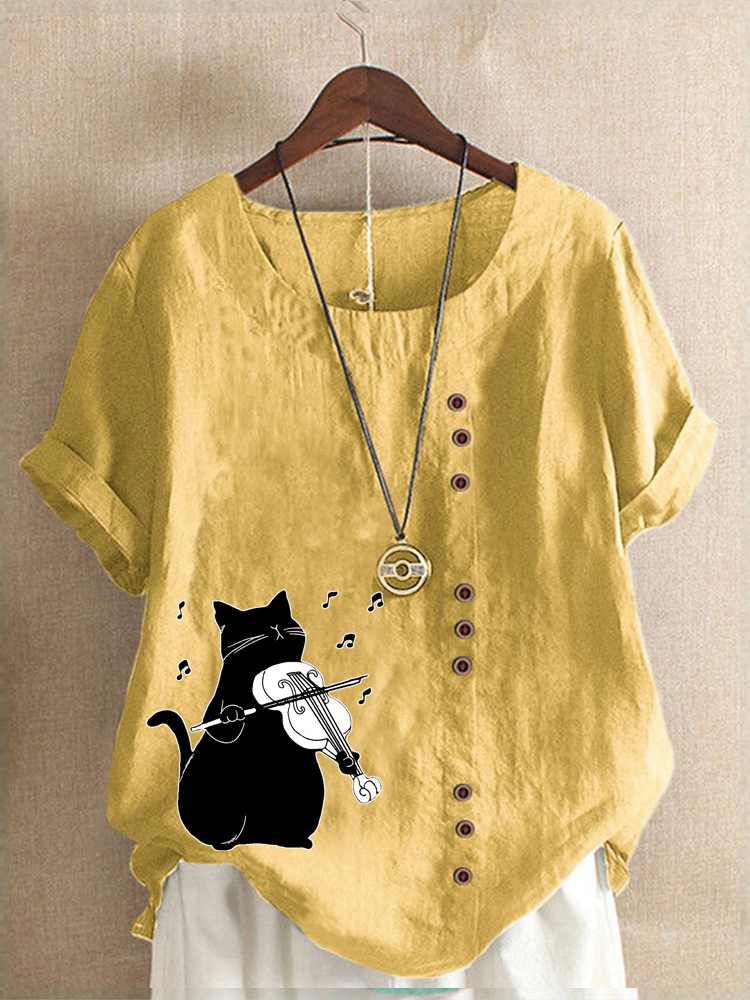 Round Neck Casual Loose Cat Print Short Sleeve Blouse