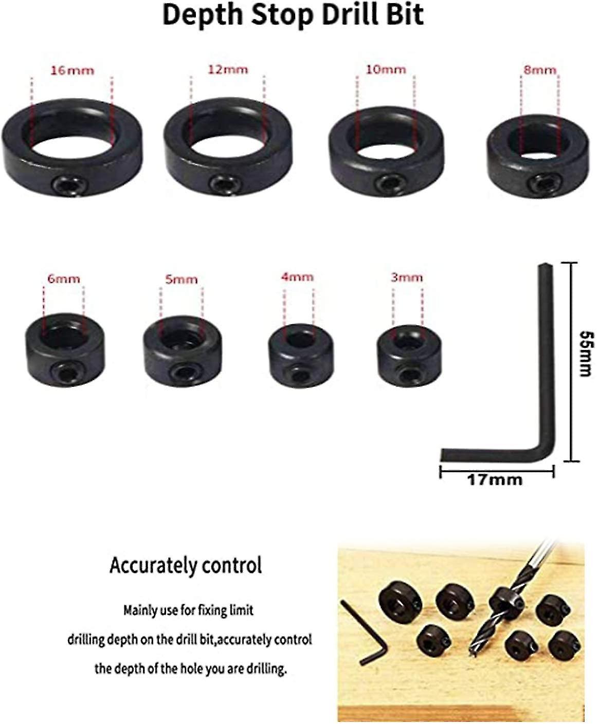 Drill Chuck 9pcs Limit Stud Depth Stop， Positioning Ring Drill Depth Stop， Depth Stop Bit， Positioner， Locator， Drill Bits， Hexagon， Ring Wrench 8 1 B