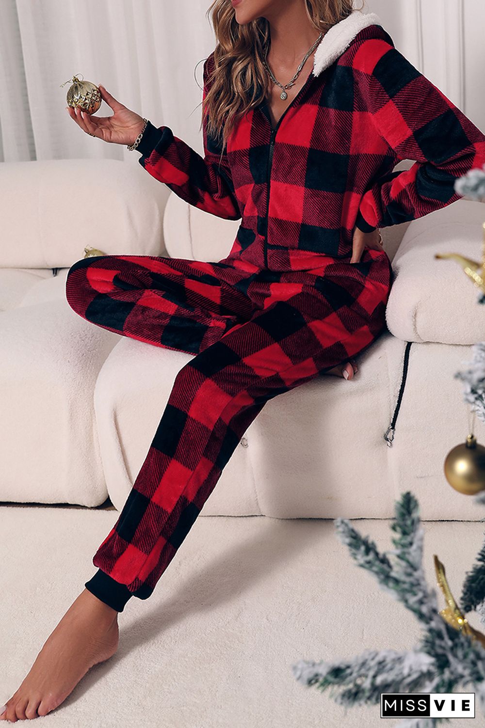 Red Buffalo Plaid Hooded Flannel Jumpsuit