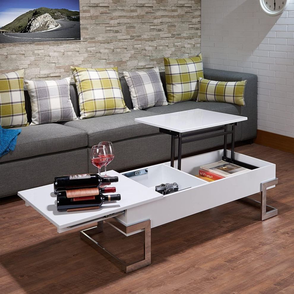 Contemporary Coffee Table  C Shaped Chrome Metal Legs With Lift Up Top  White   Contemporary   Coffee Tables   by Decor Love  Houzz