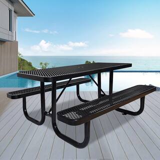 Cesicia 6 ft. Rectangular Outdoor Steel Picnic Table With Umbrella Pole in Black M23od526Mc08