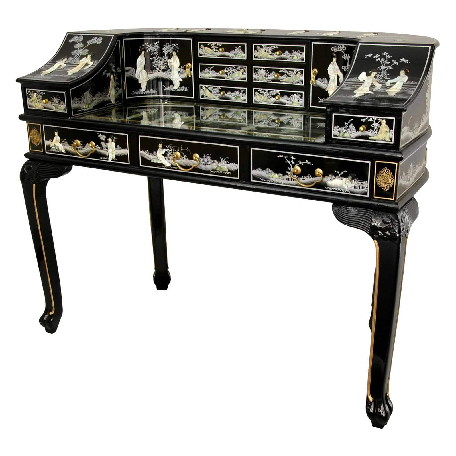 Oriental Furniture Black Lacquer Ladies Desk with Gold Chinoiserie