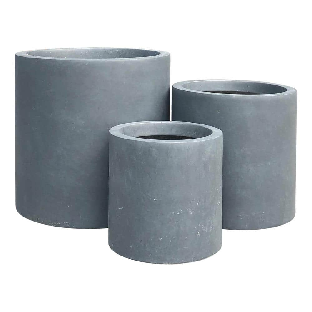 KANTE 15.8 in.， 12.6 in. and 9.8 in. Tall Charcoal Lightweight Concrete Outdoor Modern Cylindrical Planters (Set of 3) RC0119ABC-C60121