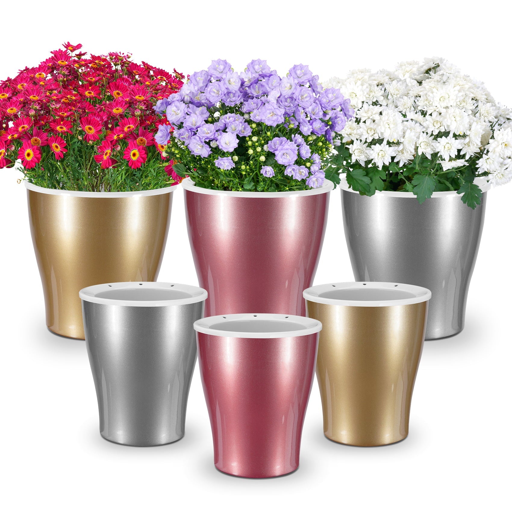 HEMOPLT Self Watering Plant Pots, Pack of 6 Gold/Silver/Rose Gold Flower Pots, 6.8" / 5.1" Indoor Outdoor Plastic Planters, Flower Plant Container for Home Office Garden Patio Balcony Décor