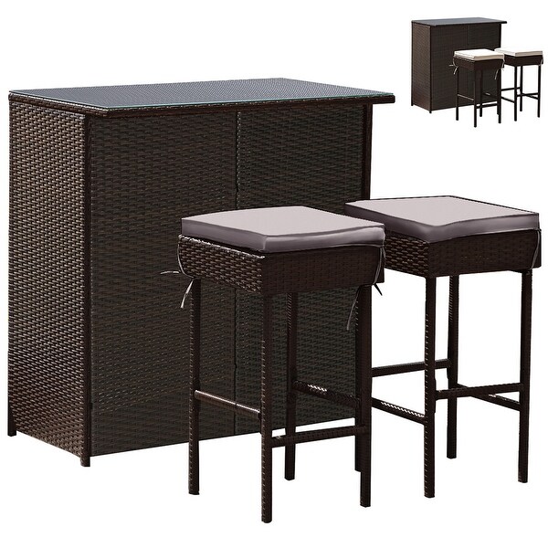 Costway Patio 3PCS Rattan Bar Table Stool Set Cushioned Chairs with