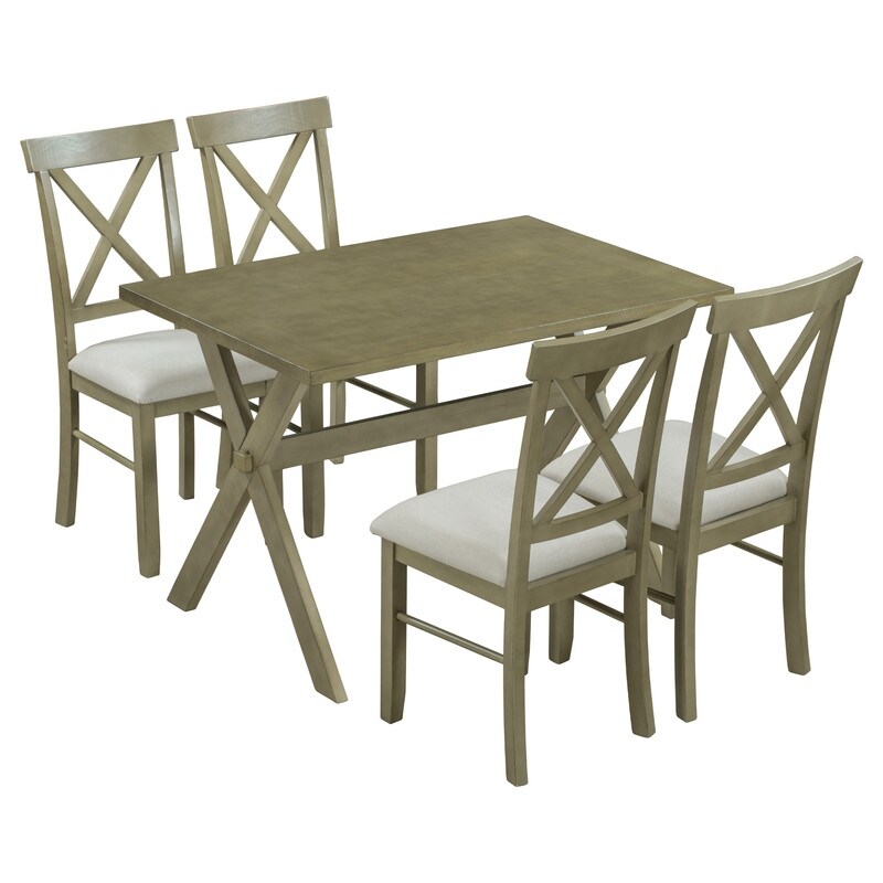 5 Pieces Farmhouse Rustic Wood Kitchen Dining Table Set with Upholstered 4 X back Chairs