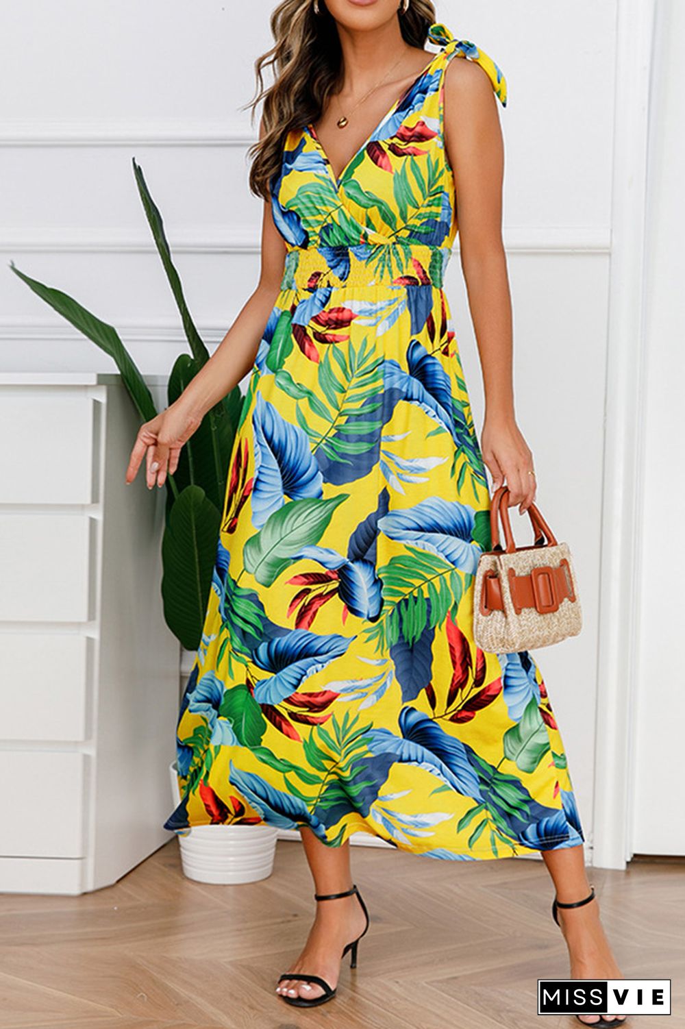 Palm Leaf Print Sleeveless Long Dress