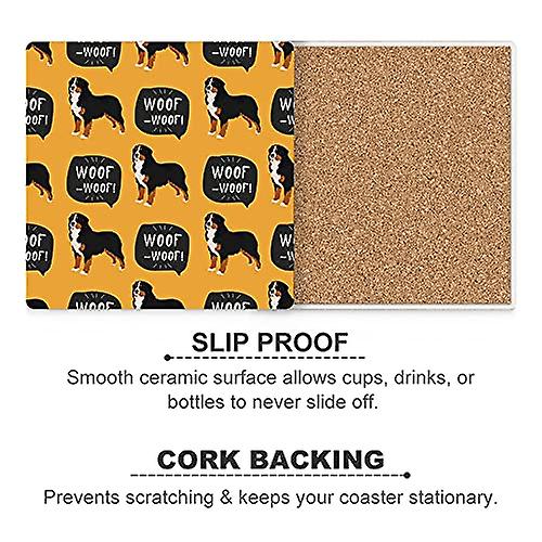 Colourlife Bernese Mountain Dog Printed Square Ceramic Coaster For Drinks With Cork Base For Coffee Cups Place Mats For Home Decor Set Of 4 Pieces