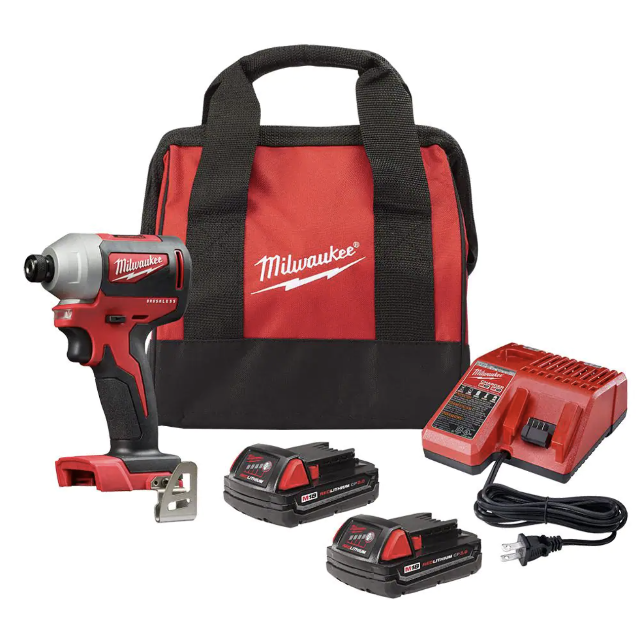 Milwaukee M18 18V Lithium-Ion Brushless Cordless 1/4 in. Impact Driver Kit with Two 2.0 Ah Batteries， Charger and Hard Case