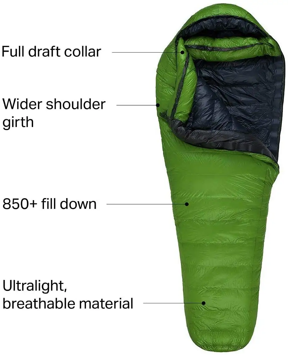 Woqi  10 Degree Versalite Moss Green 6FT 6IN Right  Left  Zip  Filling  Down Sleeping Bag for Camping