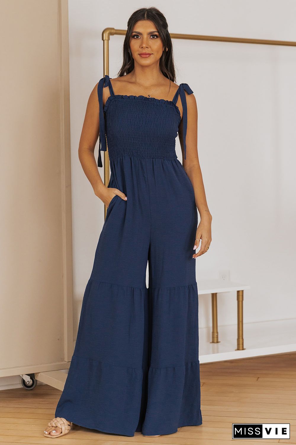 Blue Tie Straps Shirred Bodice Tiered Wide Leg Jumpsuit