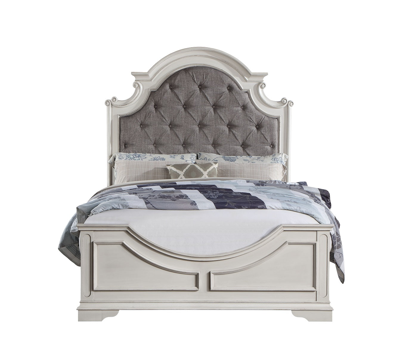 Florian Vintage Wood Eastern King Bed Frame with Upholstered Headboard with Button Tuft, Panel Footboard, Gray Fabric & Antique White Finish, Eastern King Bed