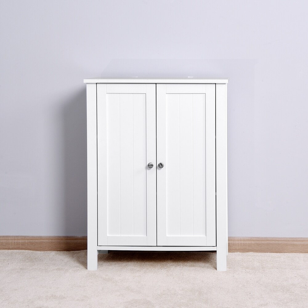 Bathroom Floor Storage Cabinet with Double Door and Adjustable Shelf for Bedroom White Cabinet Freestanding Laundry Organizer