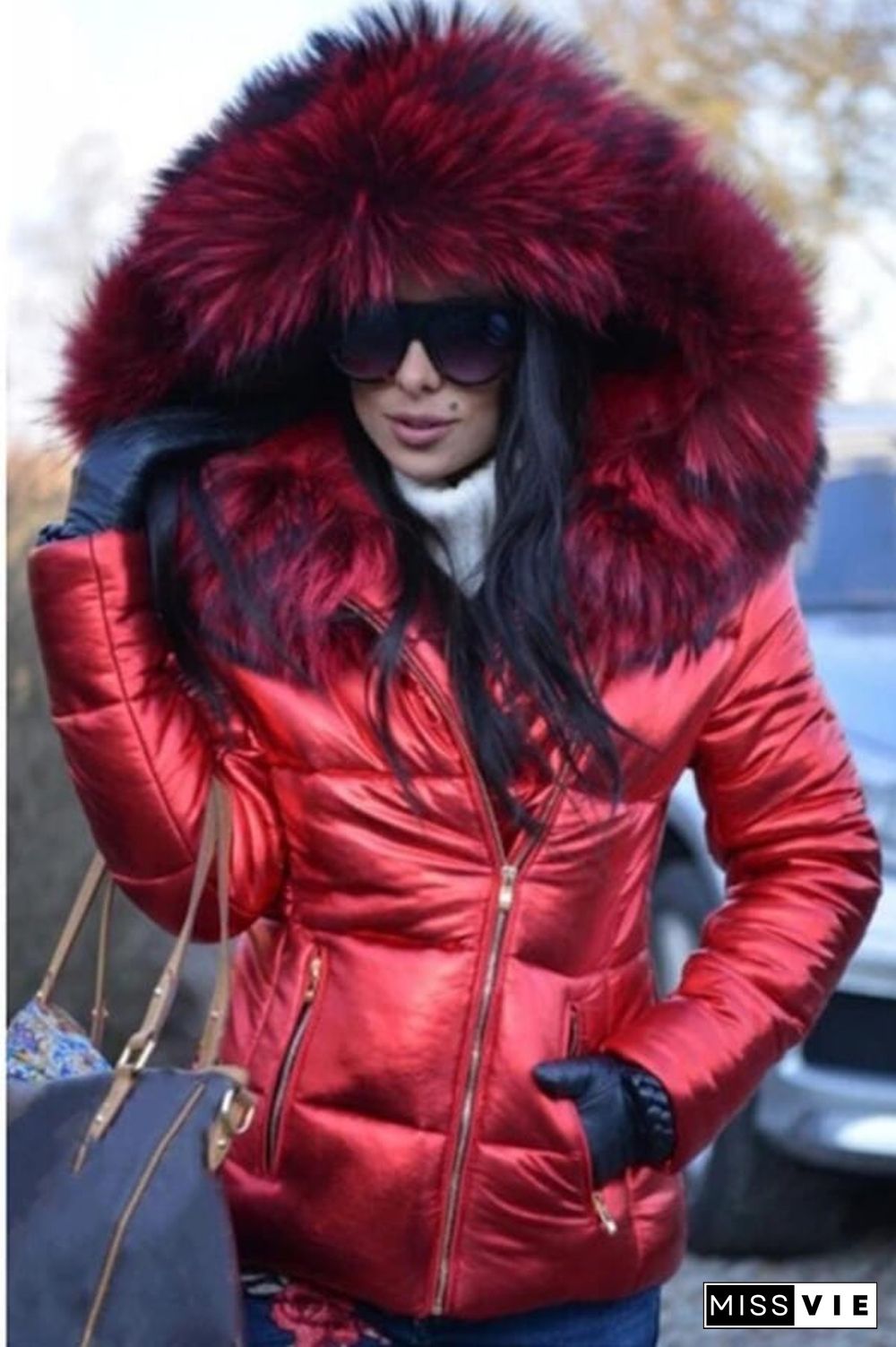 Fashion Solid Color Thick Fur Collar Down Jacket