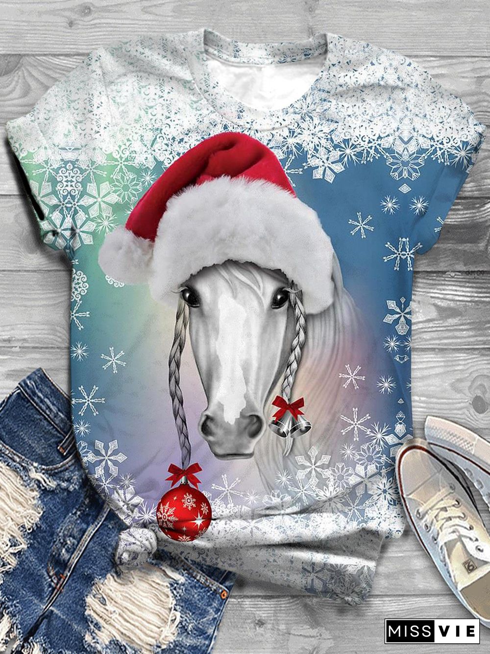 Christmas Horse Snowflake Crew Neck T-Shirt