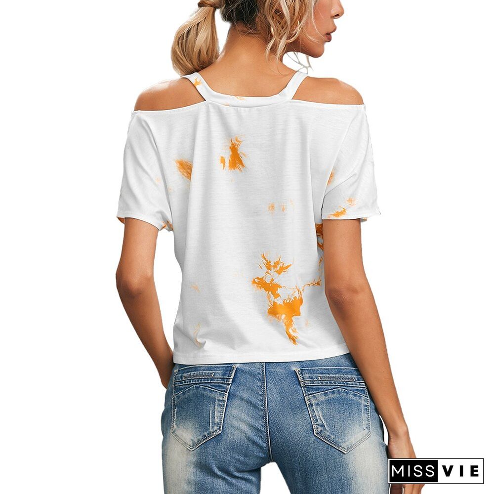 White Women Print Crop Top Summer Off Shoulder Short T-Shirt Spaghetti Strap Short Sleeve For Ladies Casual Female Clothes D30