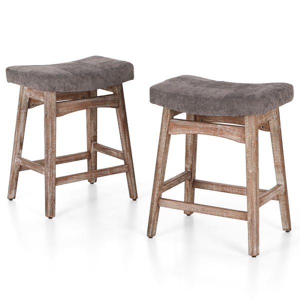 24 Inch Solid Wood Barstools with Linen / PU Leather Fabric Cushion， Set of 2