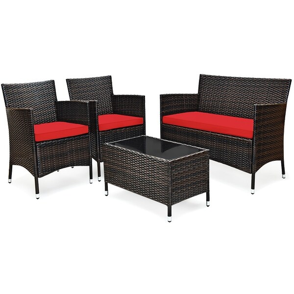 Costway 4PCS Rattan Patio Furniture Set Cushioned Sofa Chair Coffee