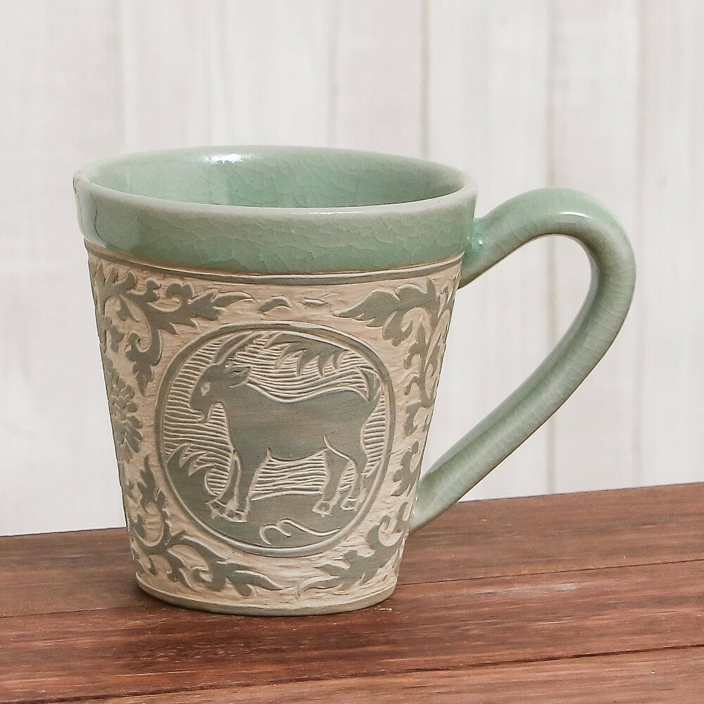 Handmade Thai Zodiac Goat Celadon ceramic mug (Thailand)