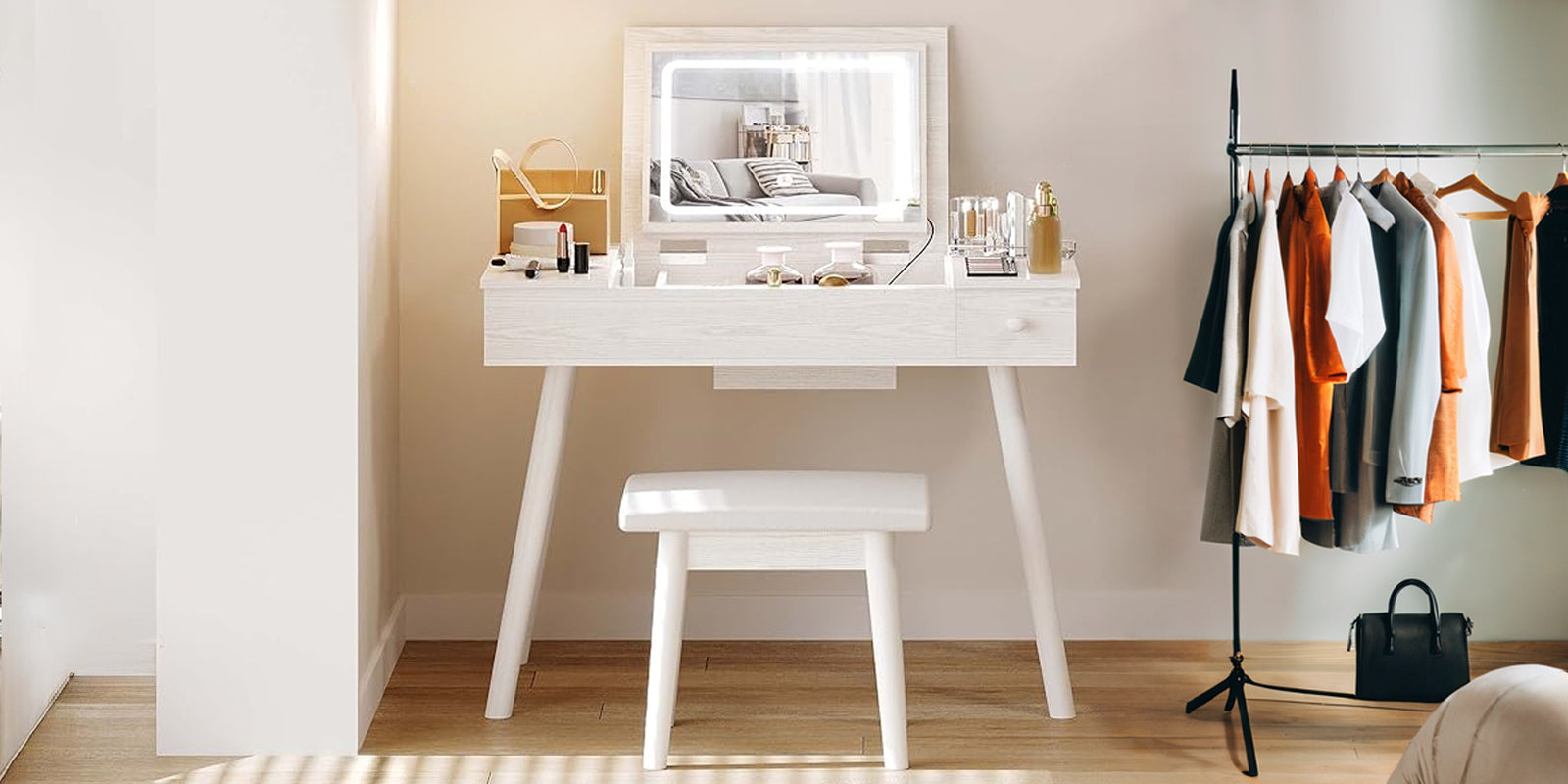 Flip Top Vanity Desk Set with LED Lighted Mirror and Power Outlet, Makeup Vanity Table with Drawers and Cabinet