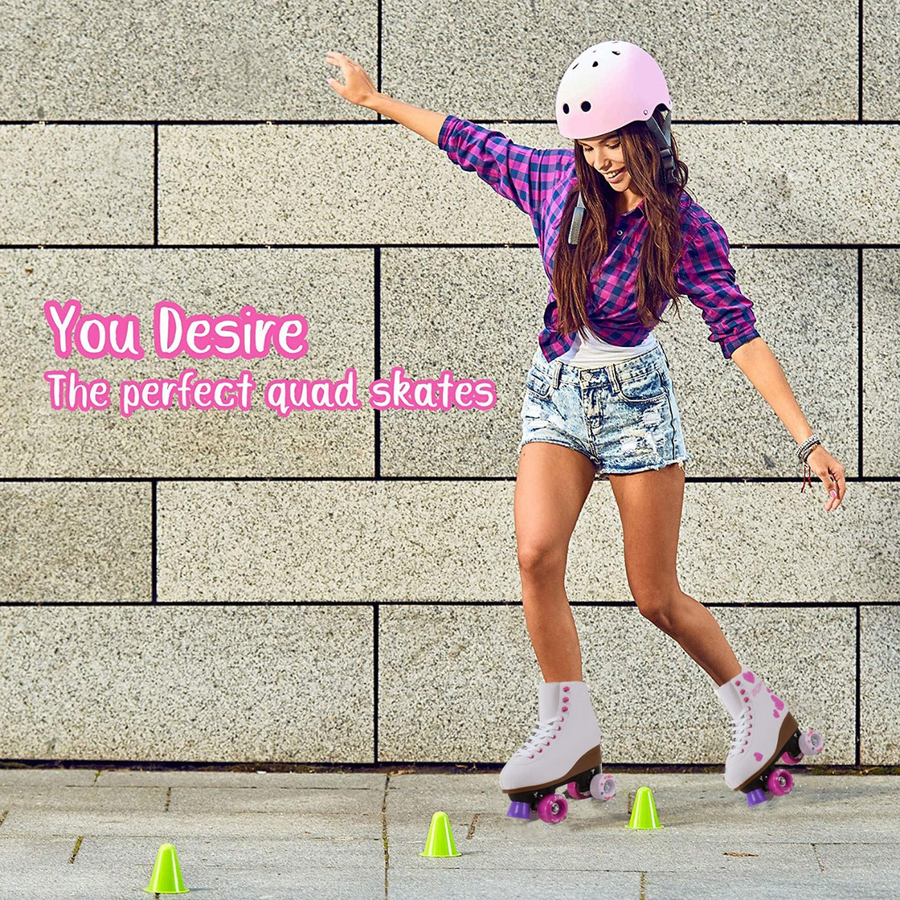 Quad Roller Skates for Girls and Women size 3.5 Youth White and Pink Heart Outdoor Indoor and Rink Skating Classic Hightop Fashionable Design