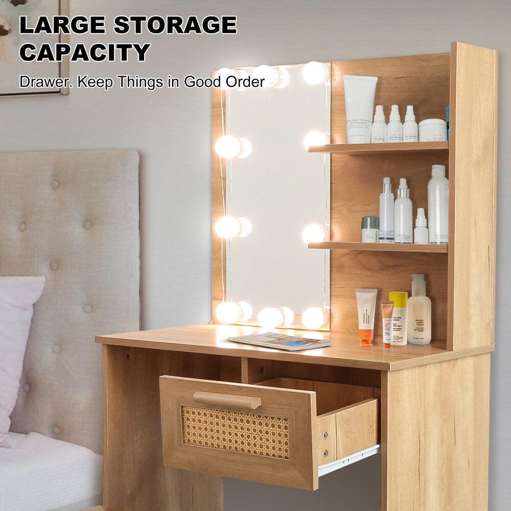 Vanity Desk Set Stool   Dressing Table with LED Lighting Mirror Drawer and Compartments Modern Wood Cosmetic Table