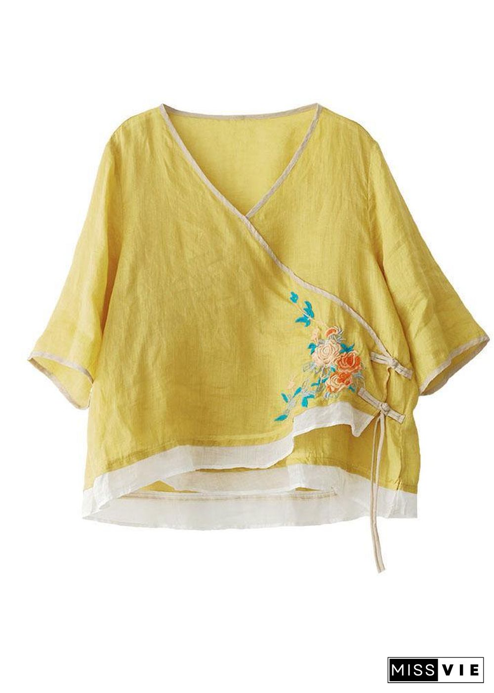 Style Yellow Embroideried Asymmetrical design Ramie Summer Blouses