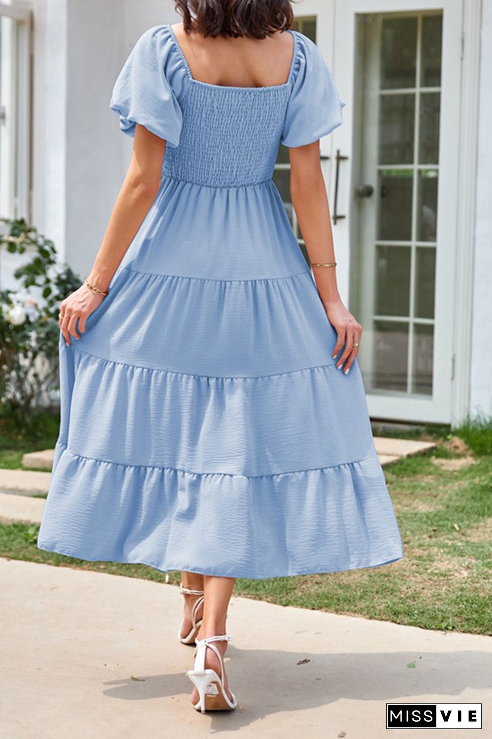 Square Neck Puff Sleeves Tiered Long Dress