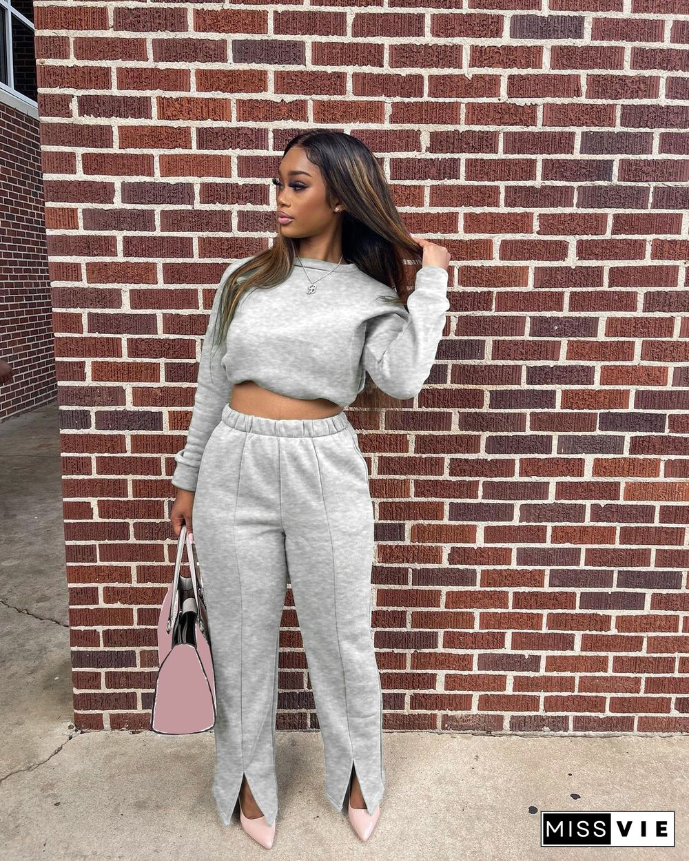 Casual Long Sleeve Sweatshirt Straight Pants Set