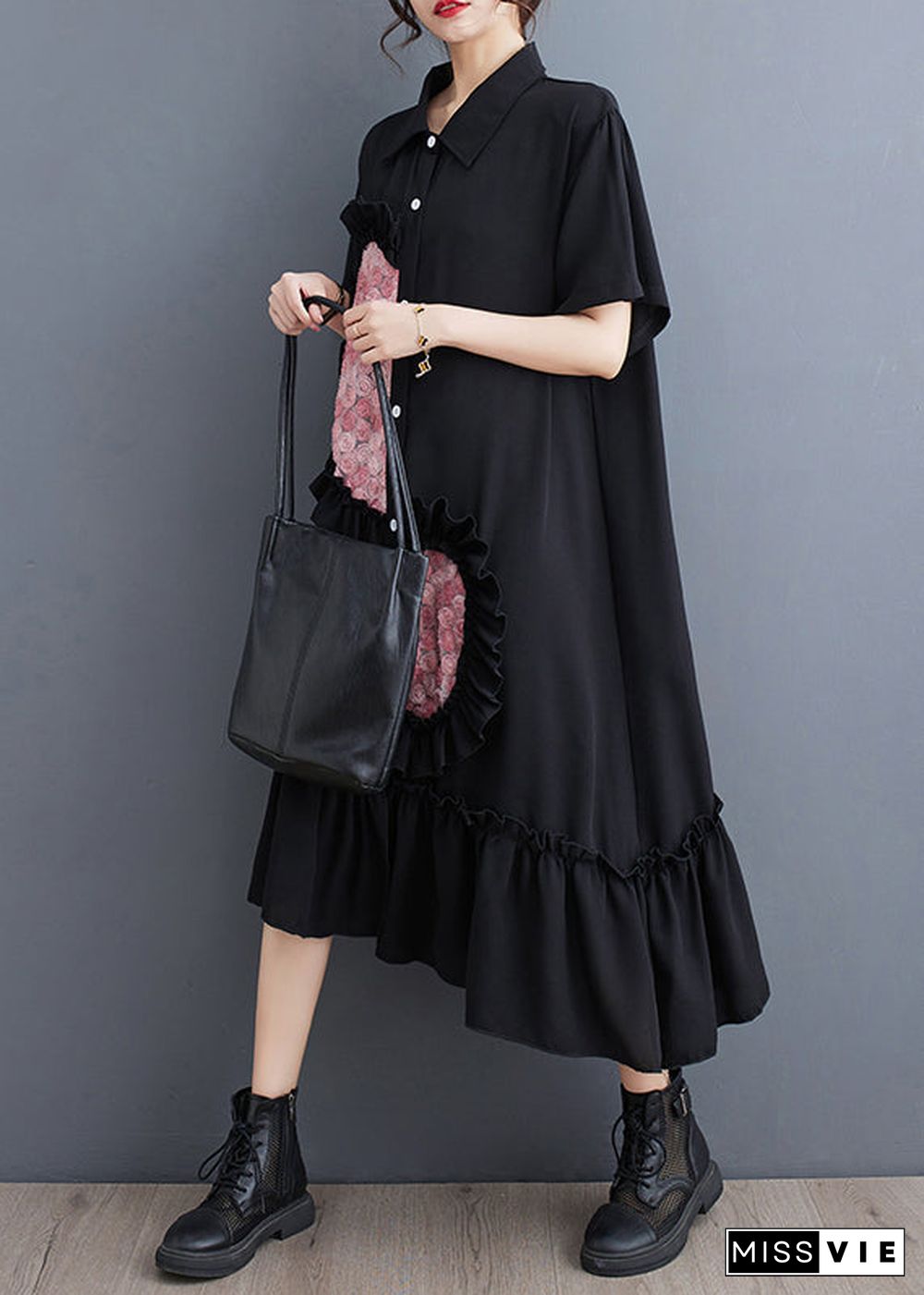 Style Black Ruffled Patchwork Cotton Shirt Dresses Summer