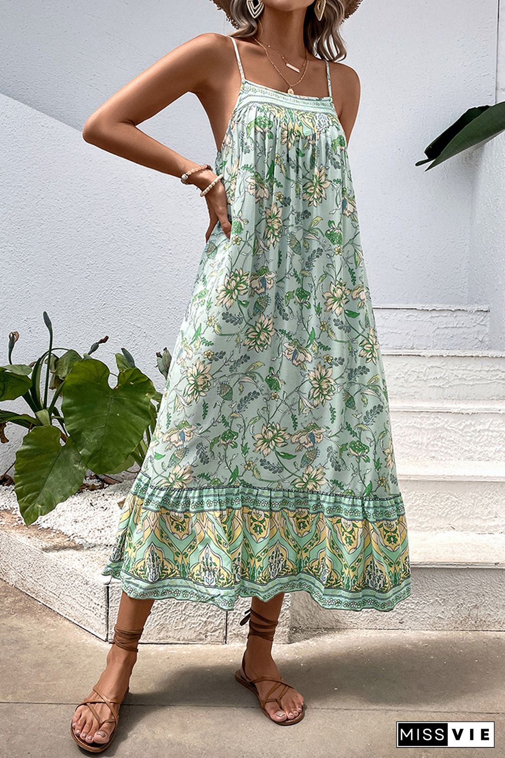 Green Spaghetti Strap Floral Maxi Dress