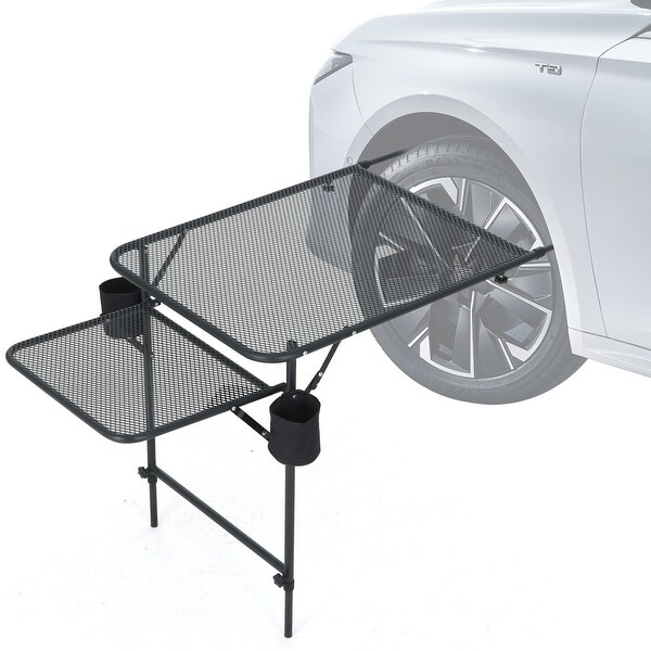 Vehicle Tire Camping Table with Cupholders，Mesh Surface，Wing Panel，Heavy Duty for Outdoor Use