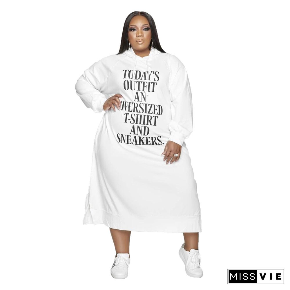 Letter Print Long Sleeve Hooded Loose Plus Size Dress