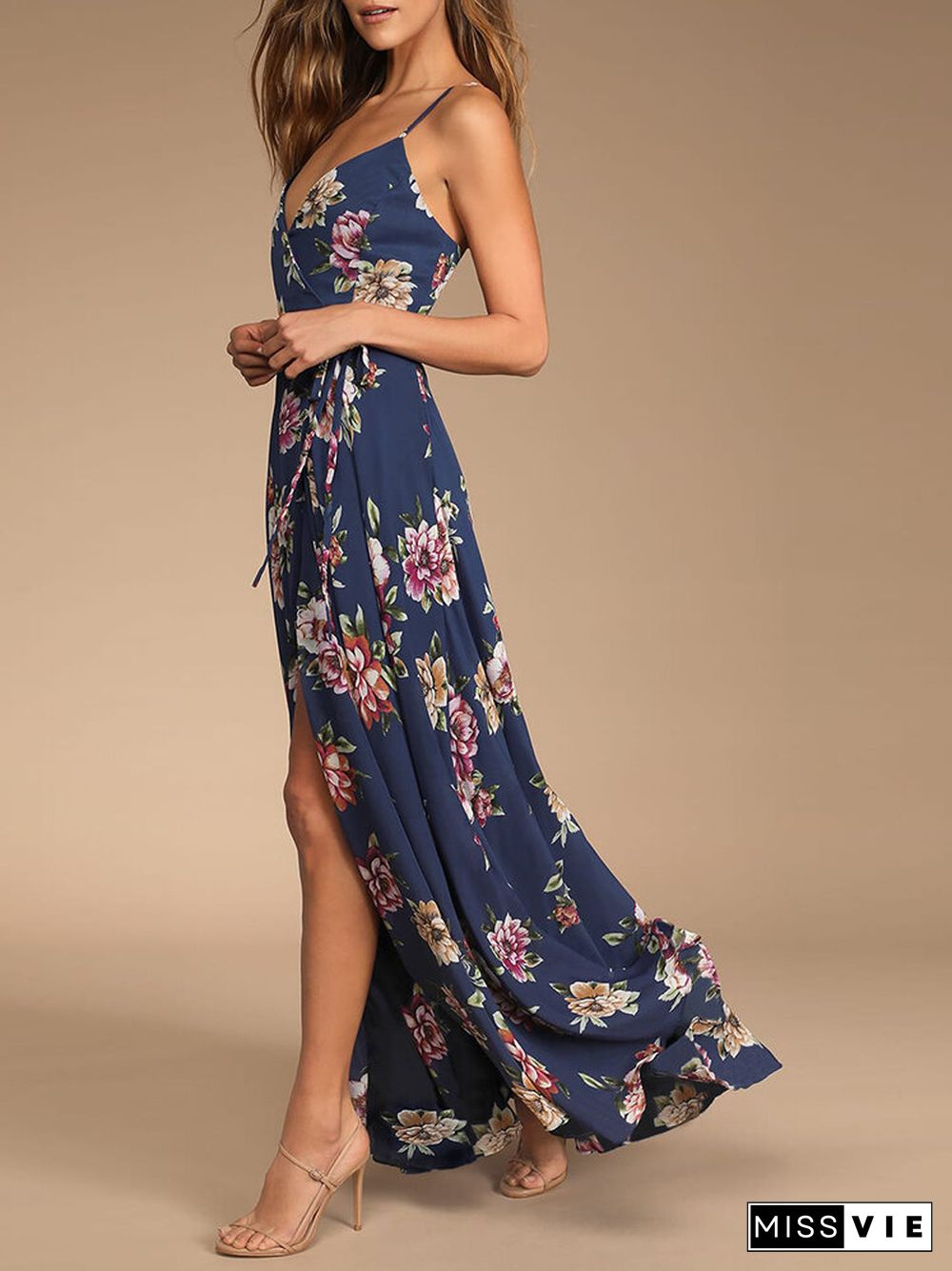 Flower Print Wrap Open Back Criss-cross Slit Maxi Dress