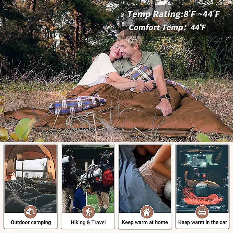 High quality lightweight waterproof double down sleeping bag with pillows for adults couple family saco de dormir
