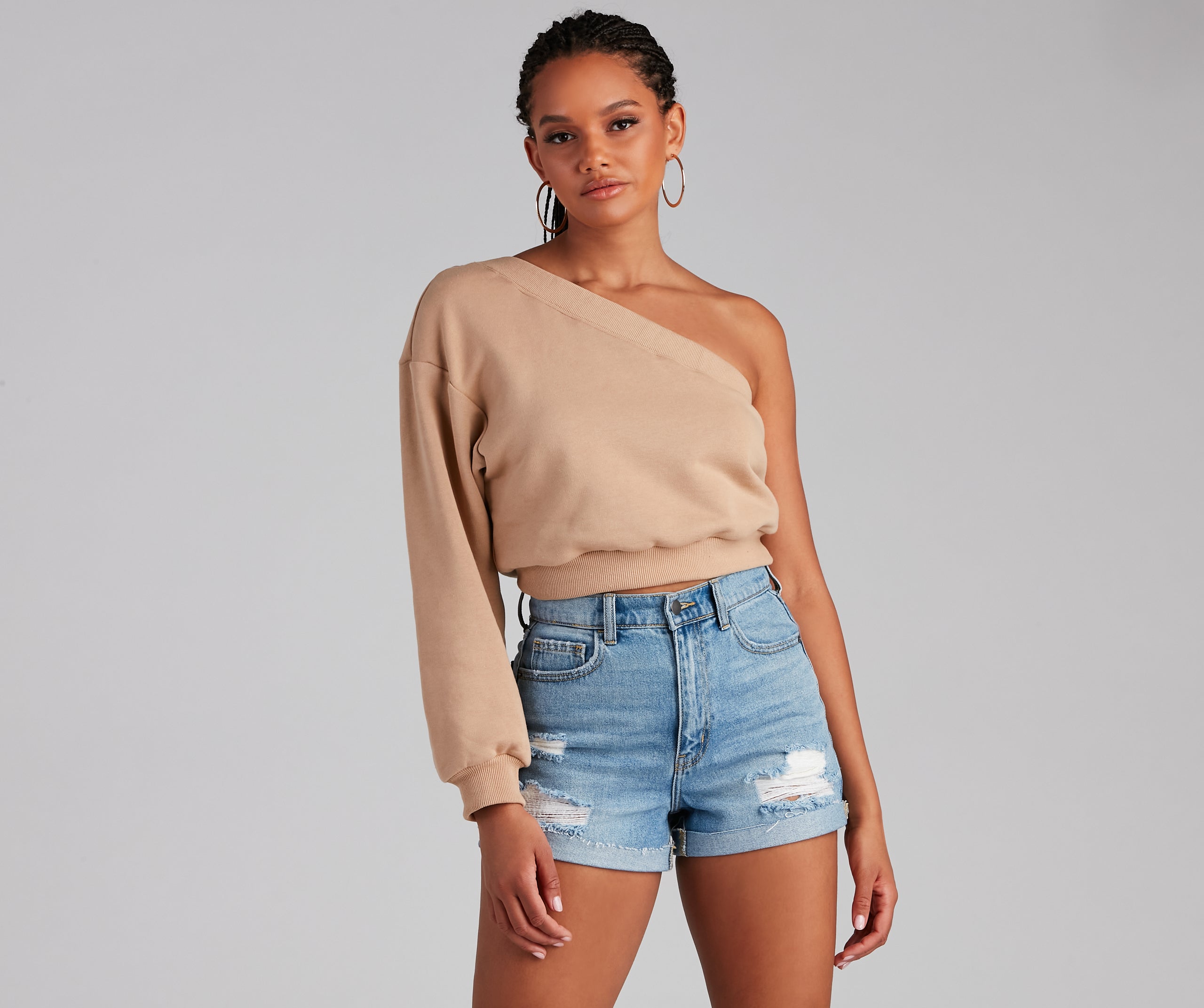 Basic One Shoulder Neckline Sweatshirt Top