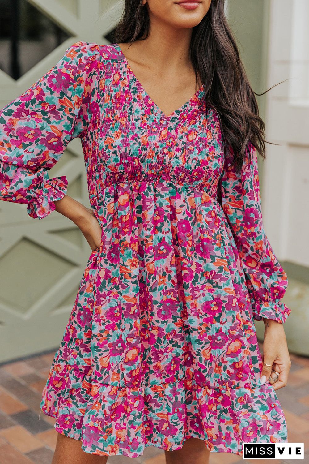 Purple Smocked V Neck Puffy Sleeve Floral Dress