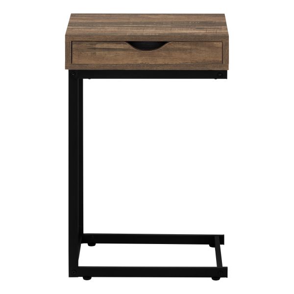 Accent Table， C-shaped， End， Side， Snack， Storage Drawer， Living Room， Bedroom， Brown Laminate， Black Metal， Contemporary， Modern