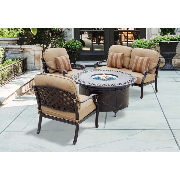 Nassau 4Piece Patio Propane Fire Pit Loveseat Conversation Set with Cushions and 47'' Round Fire Pit Chat Table and Fireglass