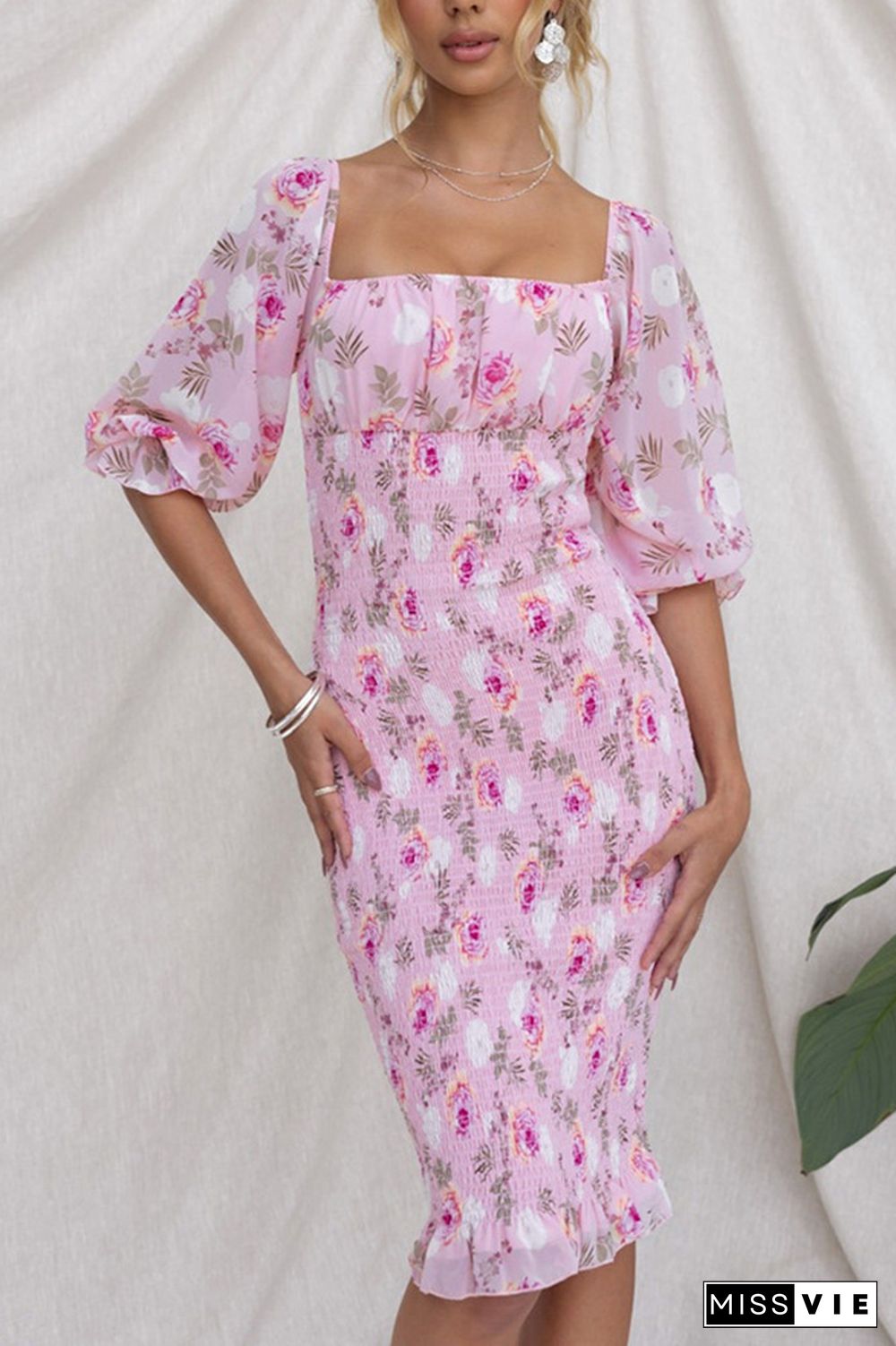 Square Neck Puff Sleeves Floral Slim Dress